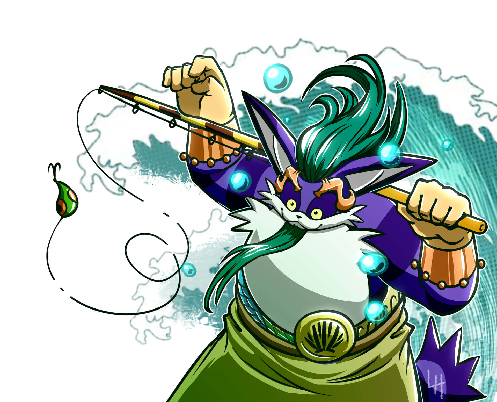 Big The Cat 桌布 壁紙 — 一個充滿活力的動漫貓漁夫，擁有藍綠色頭髮，在帶有發光氣泡的水景背景下拋出釣竿。