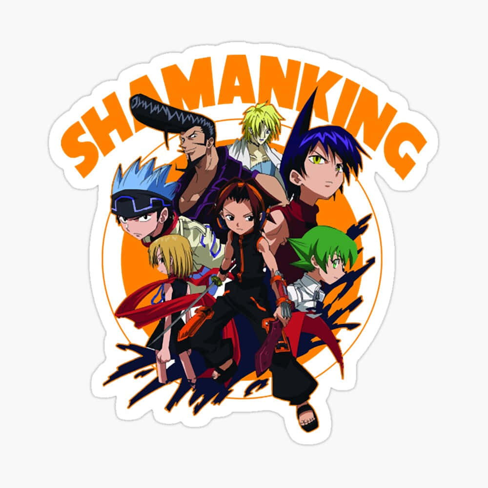 Shaman King 桌布 壁紙 — 一個充滿活力的動漫貼紙，上面有七個通靈王角色在橙色圓形背景上以動態姿勢呈現，並帶有粗體字。
