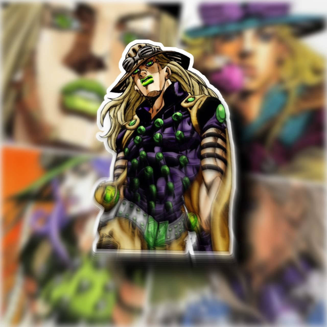 Johnny Joestar 桌布 壁紙 — 一個充滿活力的動漫貼紙，金髮角色穿著紫色和綠色的裝備，在模糊的漫畫背景中脫穎而出。