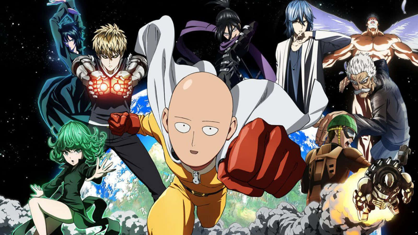 One Punch Man Season 2 桌布 壁紙 — 一個充滿活力的動漫超級英雄團體在星光燦爛的宇宙背景下，地球在下，英勇地擺出姿勢。