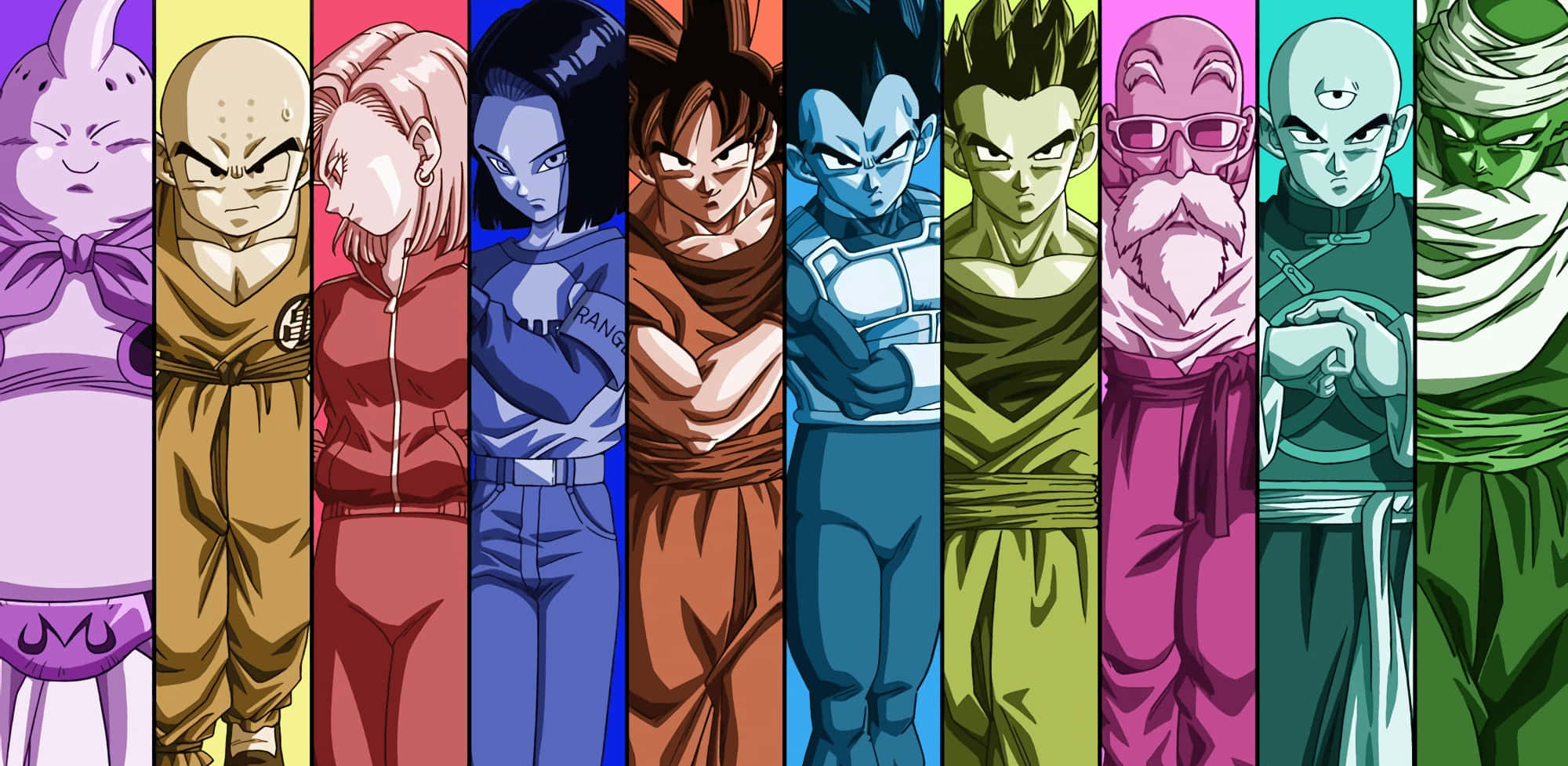 Dragon Ball Super Universe 6 桌布 壁紙 — 一個充滿活力的動漫陣容，七龍珠角色各自站在自己的彩色垂直面板中，擺出英雄姿勢。