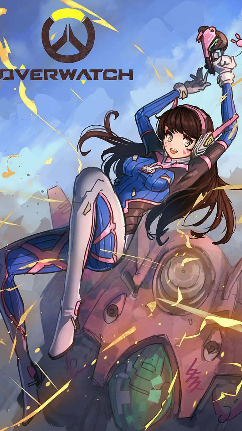 iPhone Xs Overwatch 桌布 壁紙 — 一個充滿活力的動漫風格《鬥陣特攻》角色愉快地跳上機甲，金色能量束在她周圍爆發。