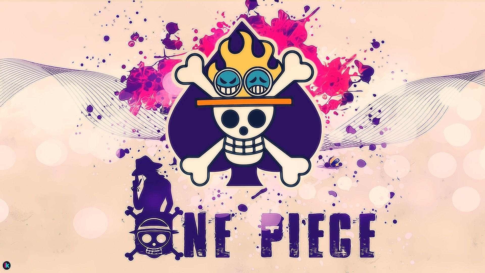 Ace 桌布 壁紙 — 一個充滿活力的動漫風格One Piece標誌，包含一個戴著草帽的骷髏頭和交叉骨頭，周圍環繞著粉紅色飛濺和流暢線條。