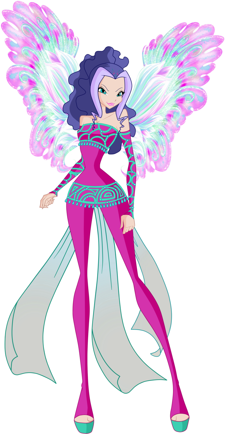Fairy Wings 桌布 壁紙 — 一個充滿活力的動漫風格仙女，擁有紫色頭髮和彩虹色粉紅翅膀，穿著飄逸的洋紅色服裝，站在黑色背景前。