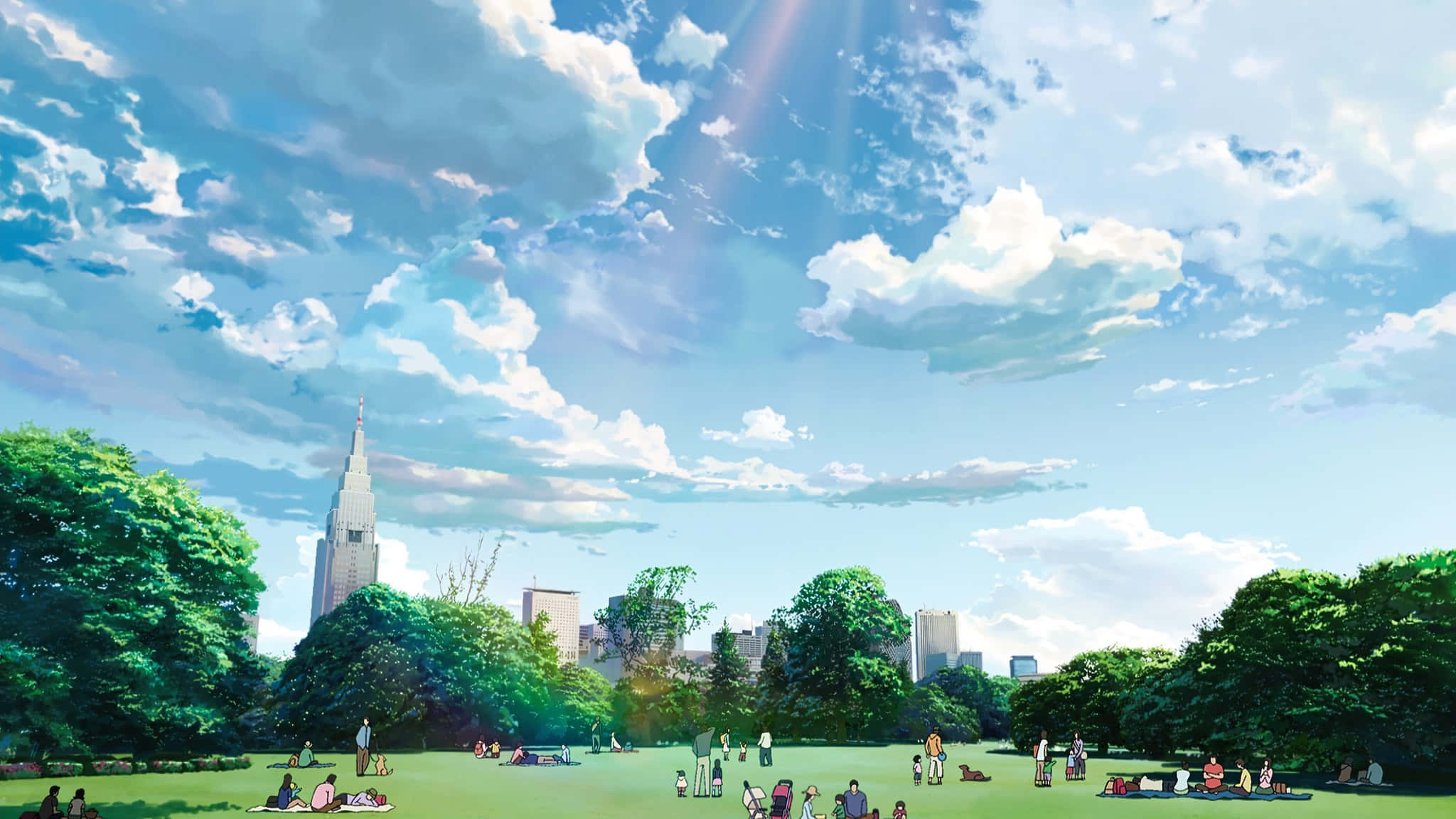 動漫 桌布 壁紙 — 一個充滿活力的動漫風格公園場景，人們在藍天白雲和遠處城市天際線下的綠色草地上放鬆。