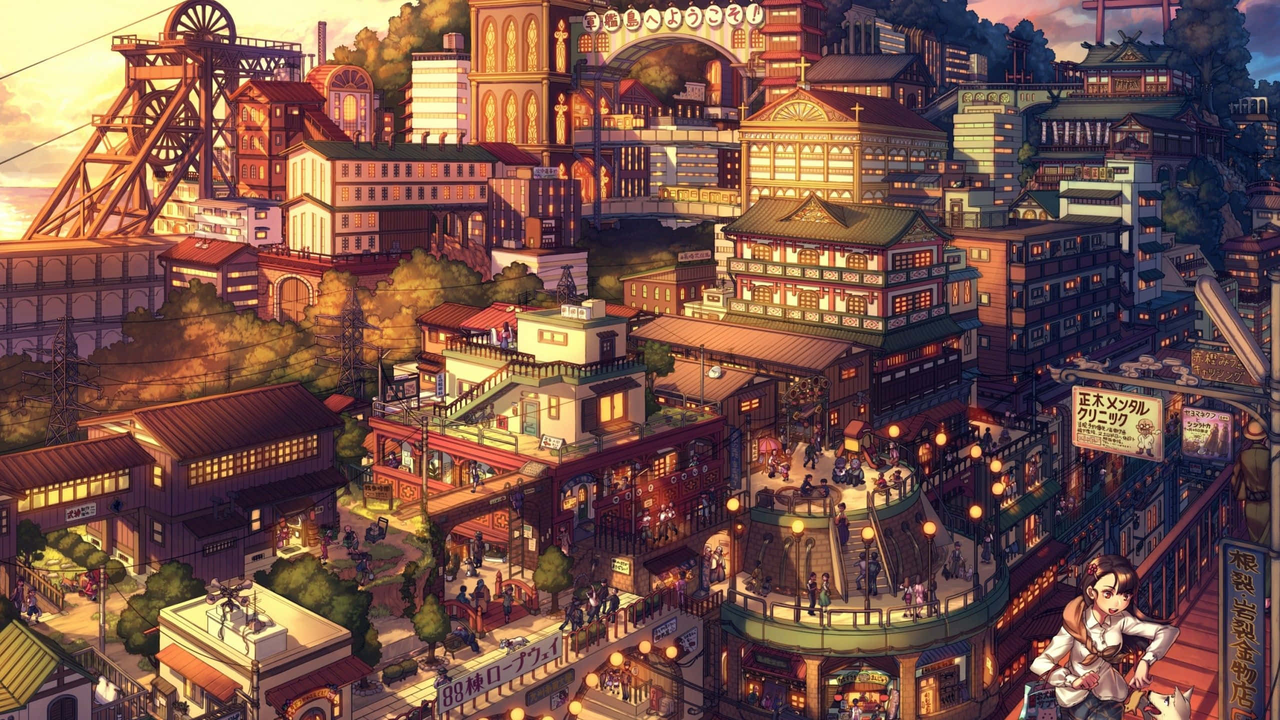 動漫 桌布 壁紙 — 一個充滿活力的動漫風格城市景觀，在日落時分，有傳統和現代建築、發光的燈籠，以及前景中的一個女孩。