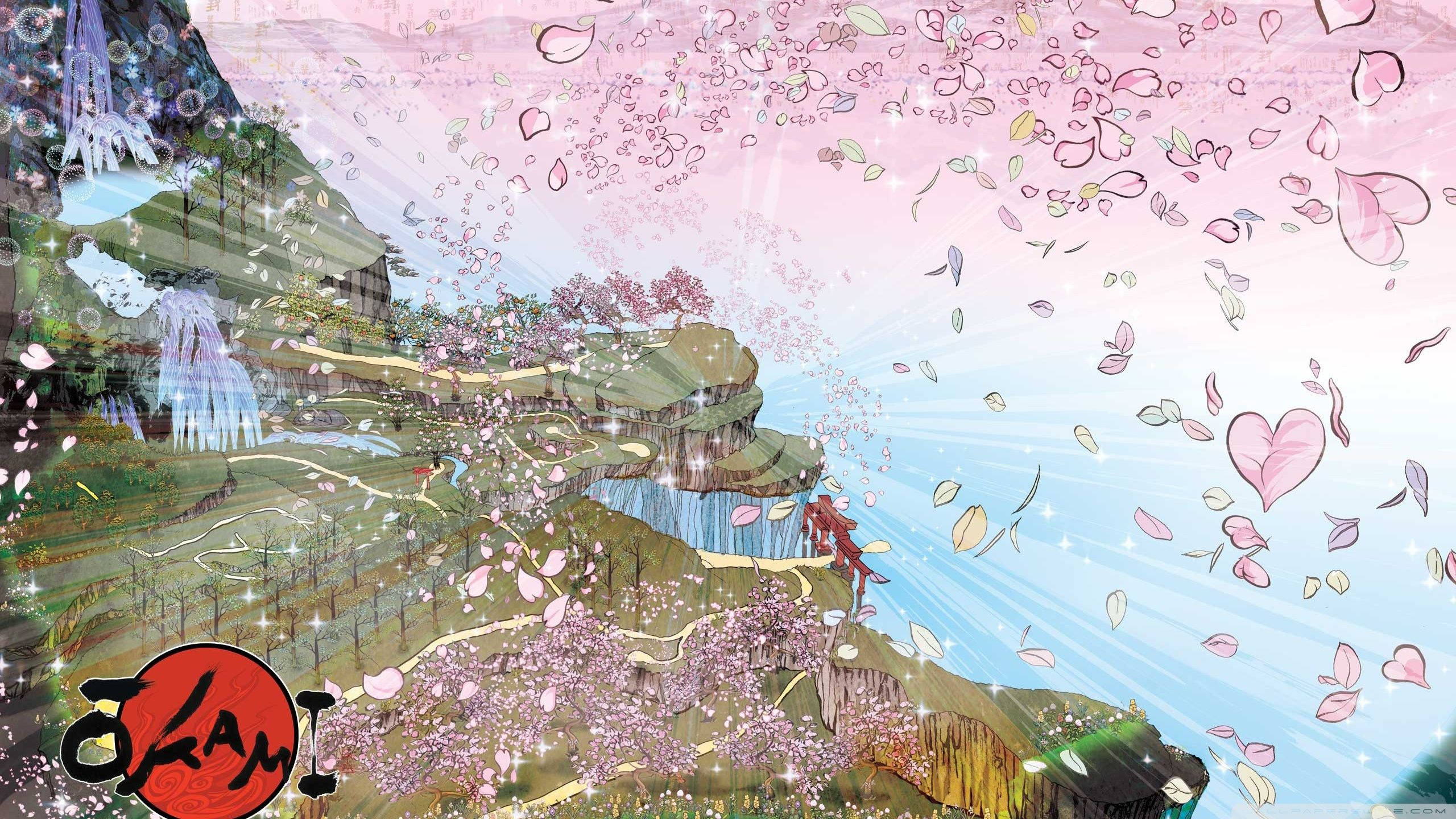 Okami 桌布 壁紙 — 一個充滿活力的動漫風格場景，紅髮角色在燦爛的天空下跳過一個被飄落的櫻花覆蓋的山谷。