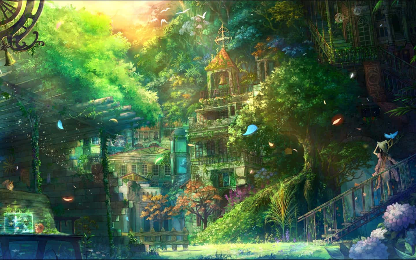 Anime Forest 桌布 壁紙 — 一個充滿活力的動漫風格奇幻場景，古老建築在溫暖的陽光下被茂密的綠植覆蓋。