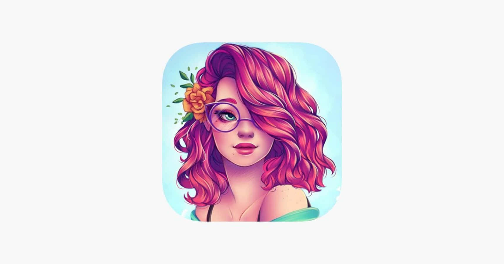可愛女生 桌布 壁紙 — 一個充滿活力的動漫風格女孩，粉紅色頭髮和眼鏡，飾有花朵，背景是柔和的藍色。