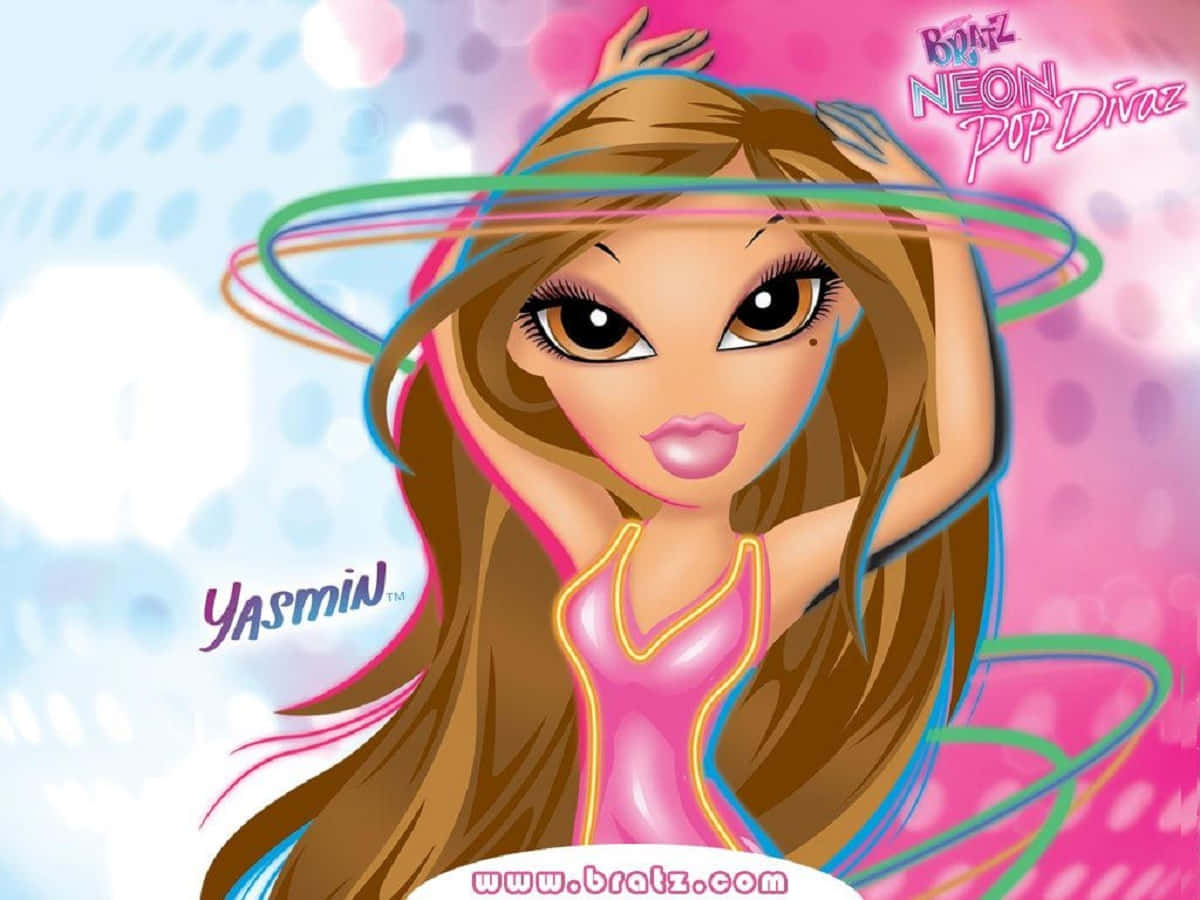 Bratz 桌布 壁紙 — 一個充滿活力的動漫風格女孩，長長棕色頭髮和發光霓虹環，在粉紅和藍色波點背景前擺姿勢。