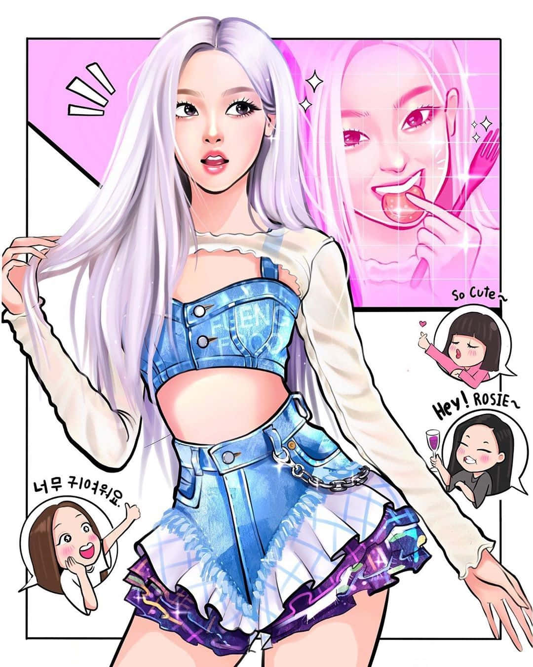 Kpop Kawaii 桌布 壁紙 — 一個充滿活力的動漫風格女孩，長長的銀色頭髮，穿著牛仔布服裝，周圍有俏皮的漫畫風格對話泡泡，擺出姿勢。