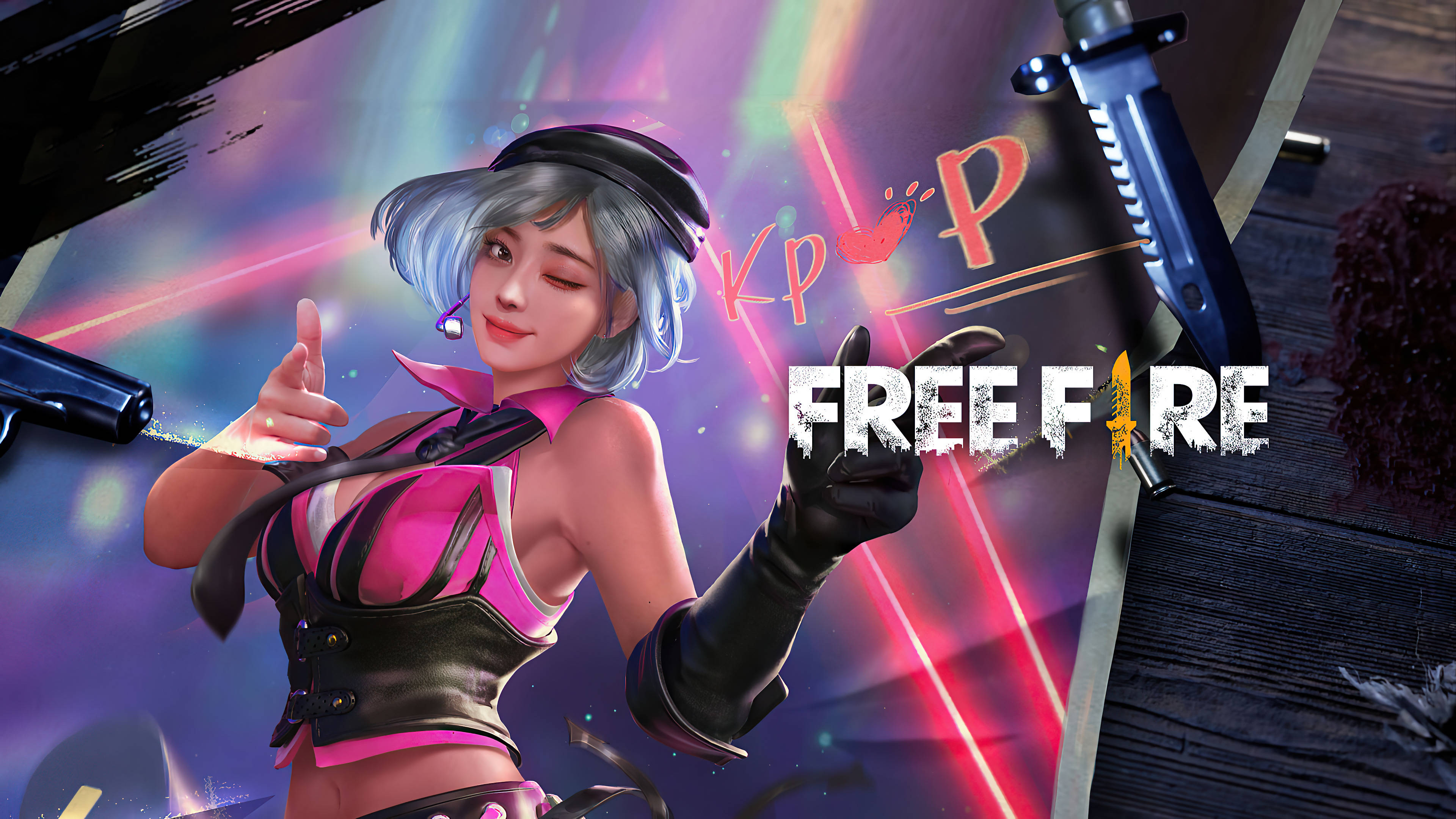 free fire bundle 桌布 壁紙 — 一個充滿活力的動漫風格女性角色，身穿粉紅色和黑色服裝，在發光的霓虹燈和遊戲武器環繞下自信地擺姿勢。