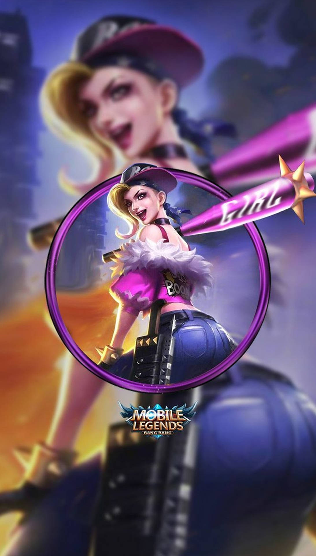 Mobile Legends 動態圖 桌布 壁紙 — 一個充滿活力的動漫風格女性遊戲角色，身穿粉紅色服裝和帽子，揮舞著一根寫有「GIRL」的發光球棒，背景是火熱的城市景觀。