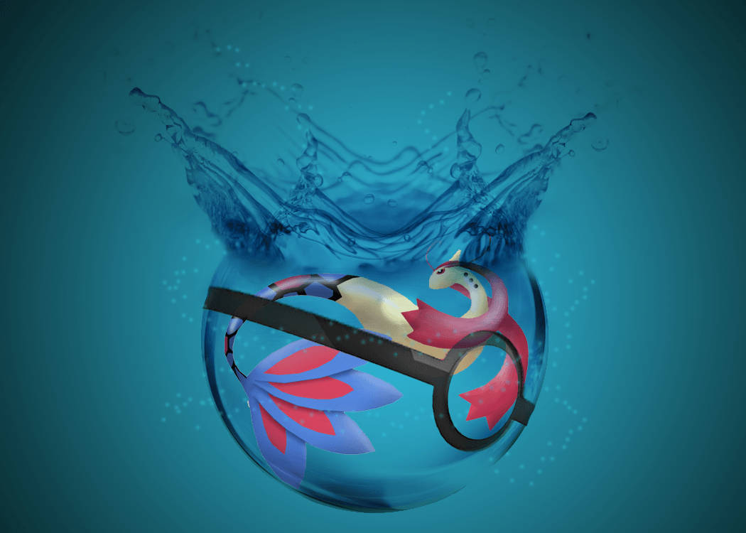 Pokeball 桌布 壁紙 — 一個充滿活力的動漫風格寶可夢從玻璃球中爆出，在青綠色背景上形成動態的水花。