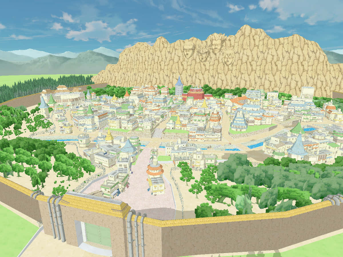 Naruto Village 桌布 壁紙 — 一個充滿活力的動漫風格小鎮，坐落在山谷中，背後有一座巨大的山脈，上面刻有面孔。