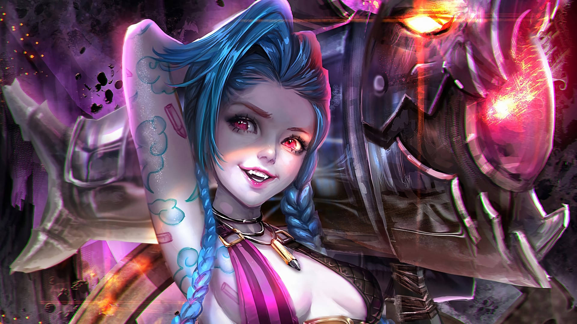 Jinx 桌布 壁紙 — 一個充滿活力的動漫風格戰士，擁有藍色辮子頭髮和紅色眼睛，自信地站在發光的機械手臂旁邊。
