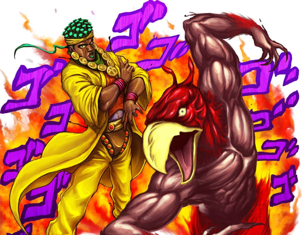 Muhammad Avdol 桌布 壁紙 — 一個充滿活力的動漫風格戰鬥場景，一名身穿黃色戰衣的戰士，在熾熱的橙色和紫色背景下，與一隻肌肉發達的紅色鳥類生物對峙。
