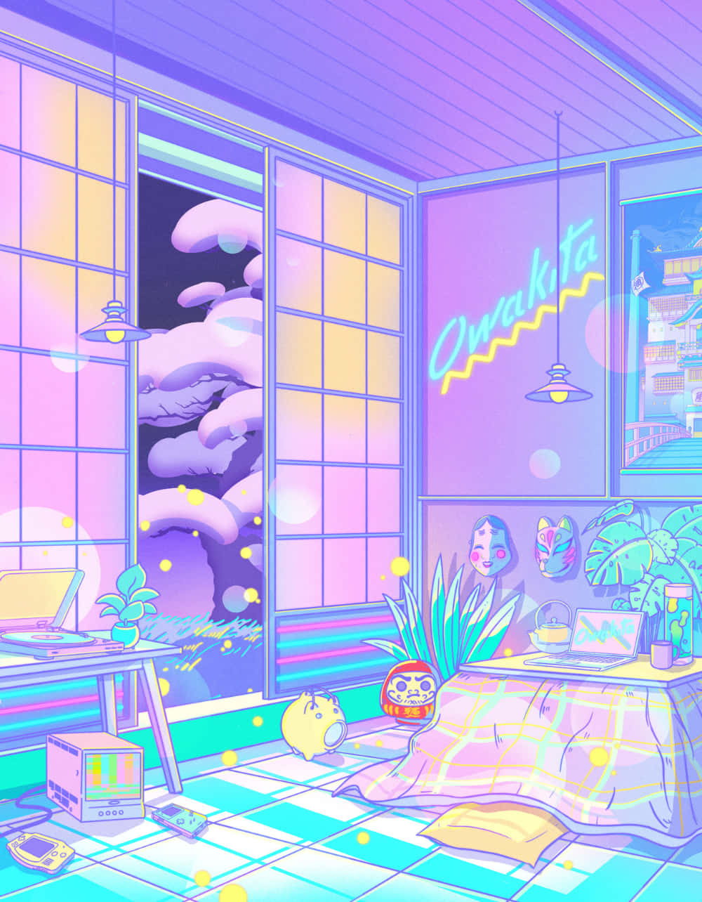 Anime Living Room 桌布 壁紙 — 一個充滿活力的動漫風格房間，沐浴在紫色和青色的光線中，帶有發光的霓虹燈標誌和復古遊戲物品。