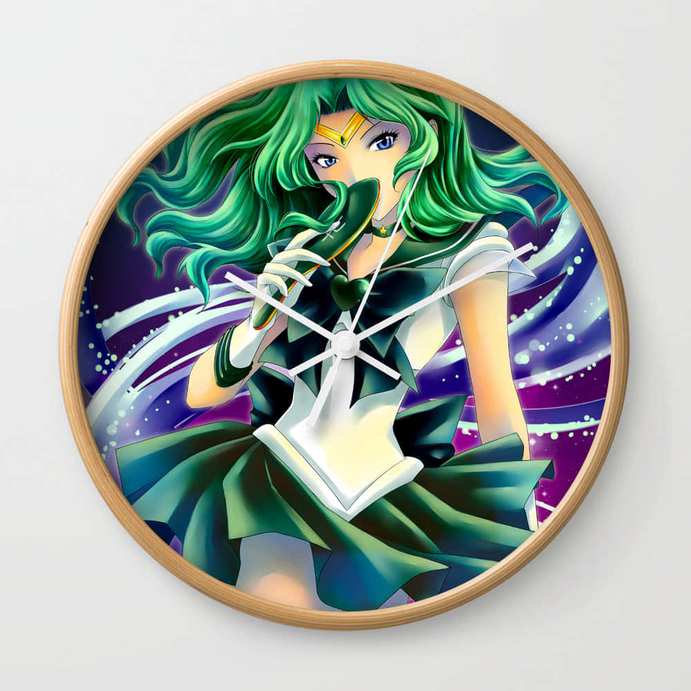 sailor neptune 桌布 壁紙 — 一個充滿活力的動漫風格掛牆時鐘，描繪一位身穿水手服的綠髮戰士，背景是宇宙紫色和藍色。