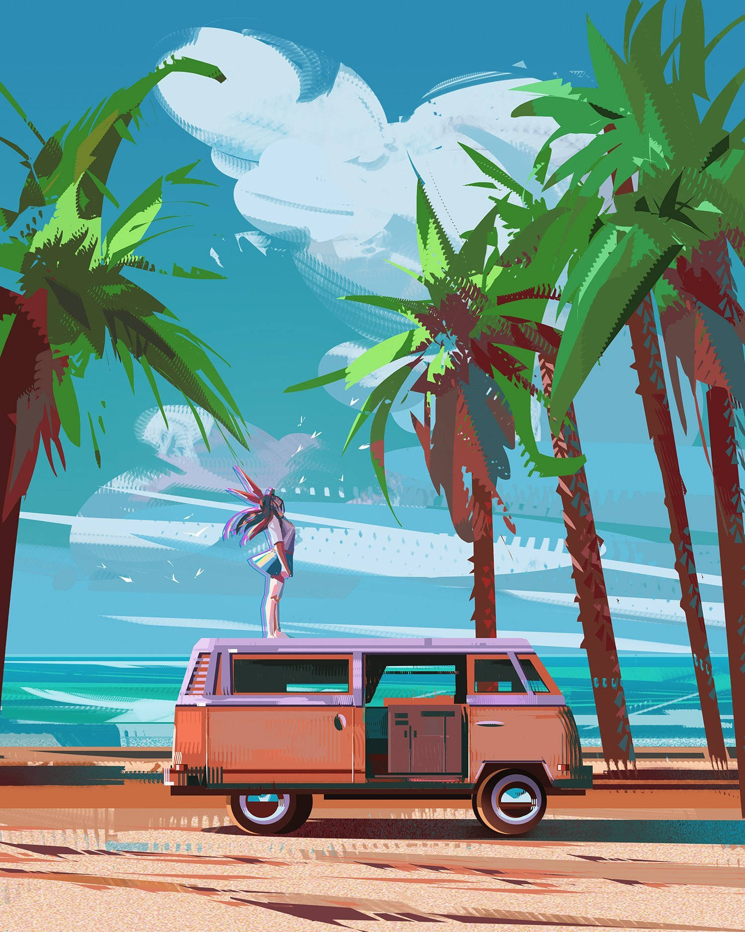 road trip 桌布 壁紙 — 一個充滿活力的動漫風格插圖，描繪一個女孩站在一輛停泊在熱帶海灘棕櫚樹下的復古廂型車上。