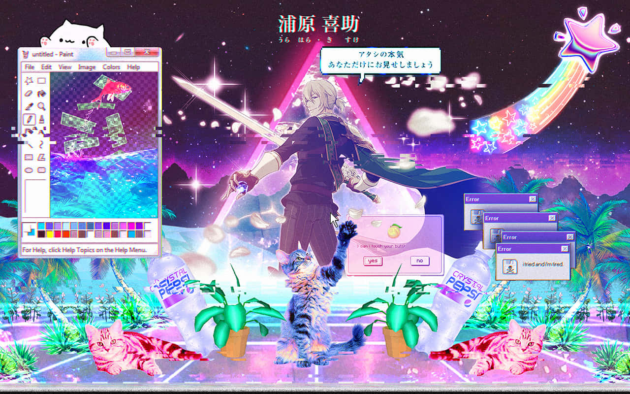 動畫 桌布 壁紙 — 一個充滿活力的動漫風格數位藝術場景，描繪了揮劍的角色、貓咪和繪畫程式介面，背景是宇宙。