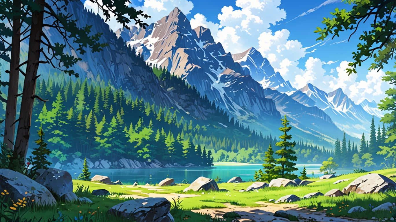 Canada Animated 壁紙 — 一個充滿活力的動漫風格景觀，白雪覆蓋的山峰聳立在寧靜的碧綠湖泊之上，周圍環繞著茂密的綠色森林和岩石海岸。