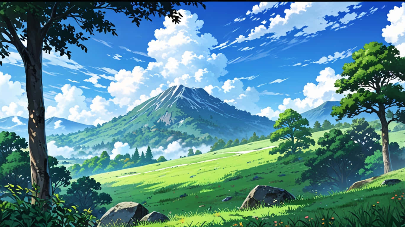 Mountains Animated 壁紙 — 一個充滿活力的動漫風格景觀，白雪覆蓋的山峰在起伏的綠色山丘後方升起，山丘上點綴著樹木和岩石，明亮的藍天中飄浮著蓬鬆的白雲。