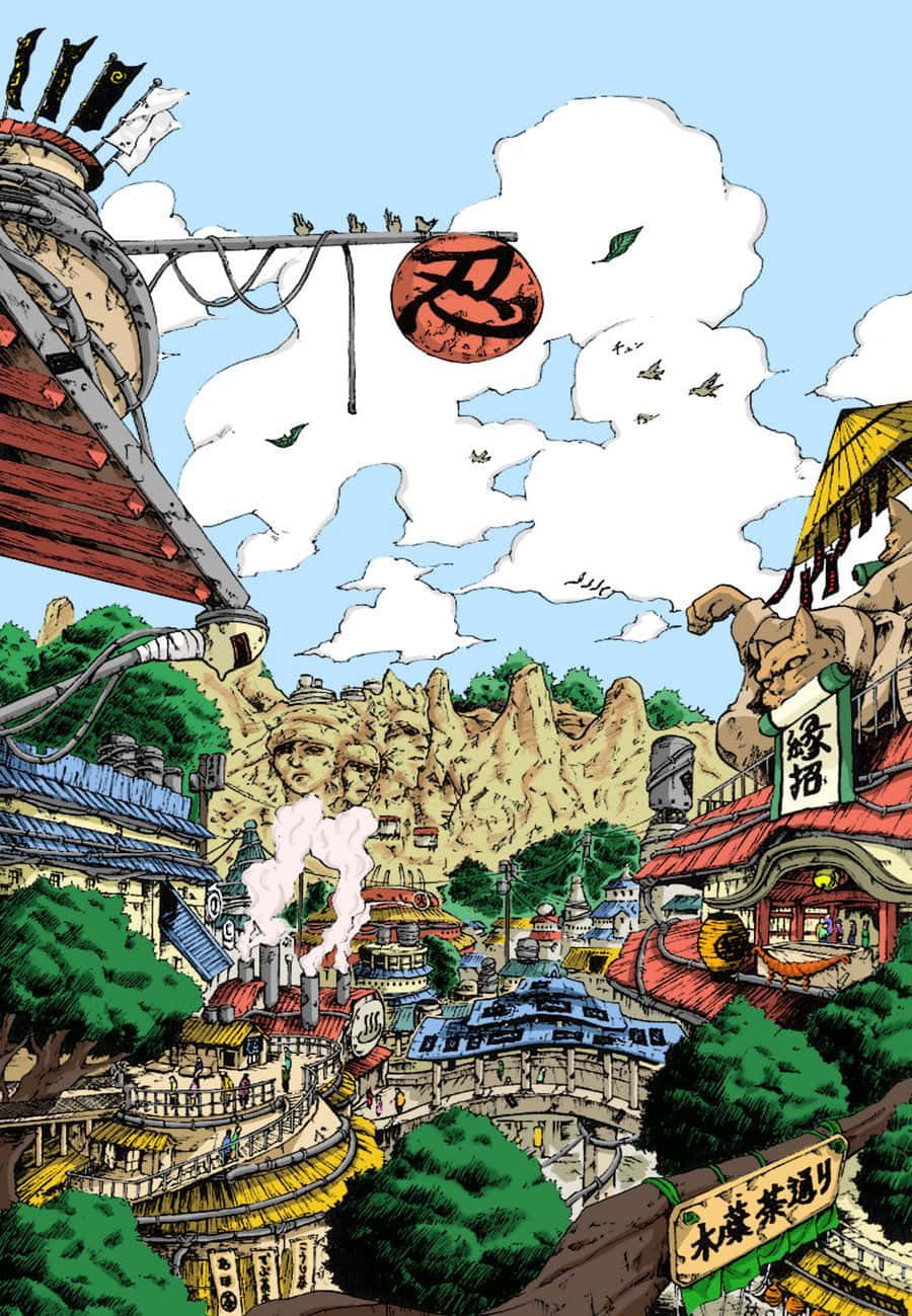 Hidden Leaf Village 桌布 壁紙 — 一個充滿活力的動漫風格村莊，坐落在山間，擁有傳統建築、一個大型紅色忍者標誌和鳥兒在藍天下飛翔。