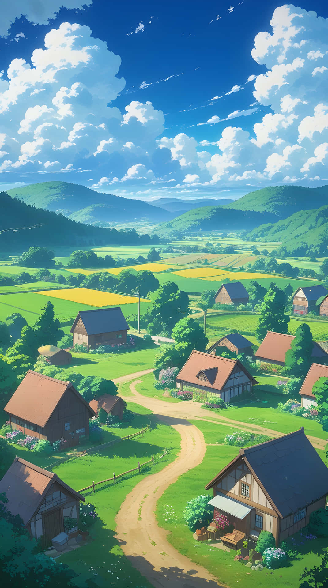 The beautiful village with natural view 壁紙 — 一個充滿活力的動漫風格村莊，坐落在鬱鬱蔥蔥的綠色山丘中，上方是明亮的藍天和蓬鬆的白雲。