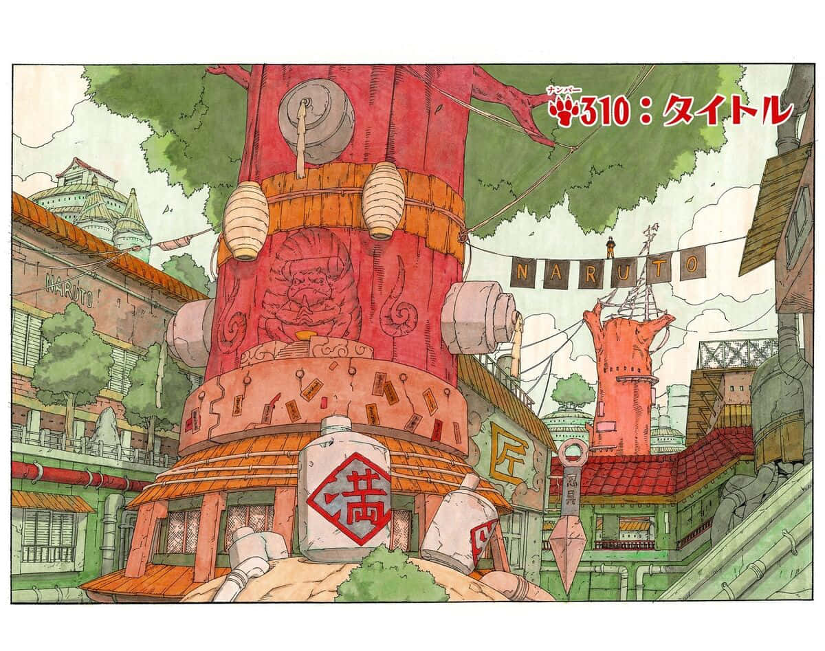 Konoha 桌布 壁紙 — 一個充滿活力的動漫風格村莊場景，有一棵巨大的紅樹，掛著燈籠和一個「Naruto」橫幅，懸掛在色彩繽紛的建築物上方。