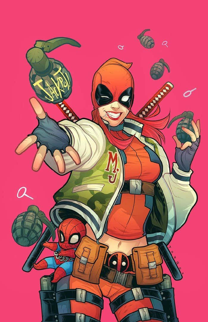 Lady Deadpool 桌布 壁紙 — 一個充滿活力的動漫風格死侍，紅髮手持手榴彈，在明亮的粉紅色背景上自信地擺姿勢，還有一個小小的蜘蛛人。