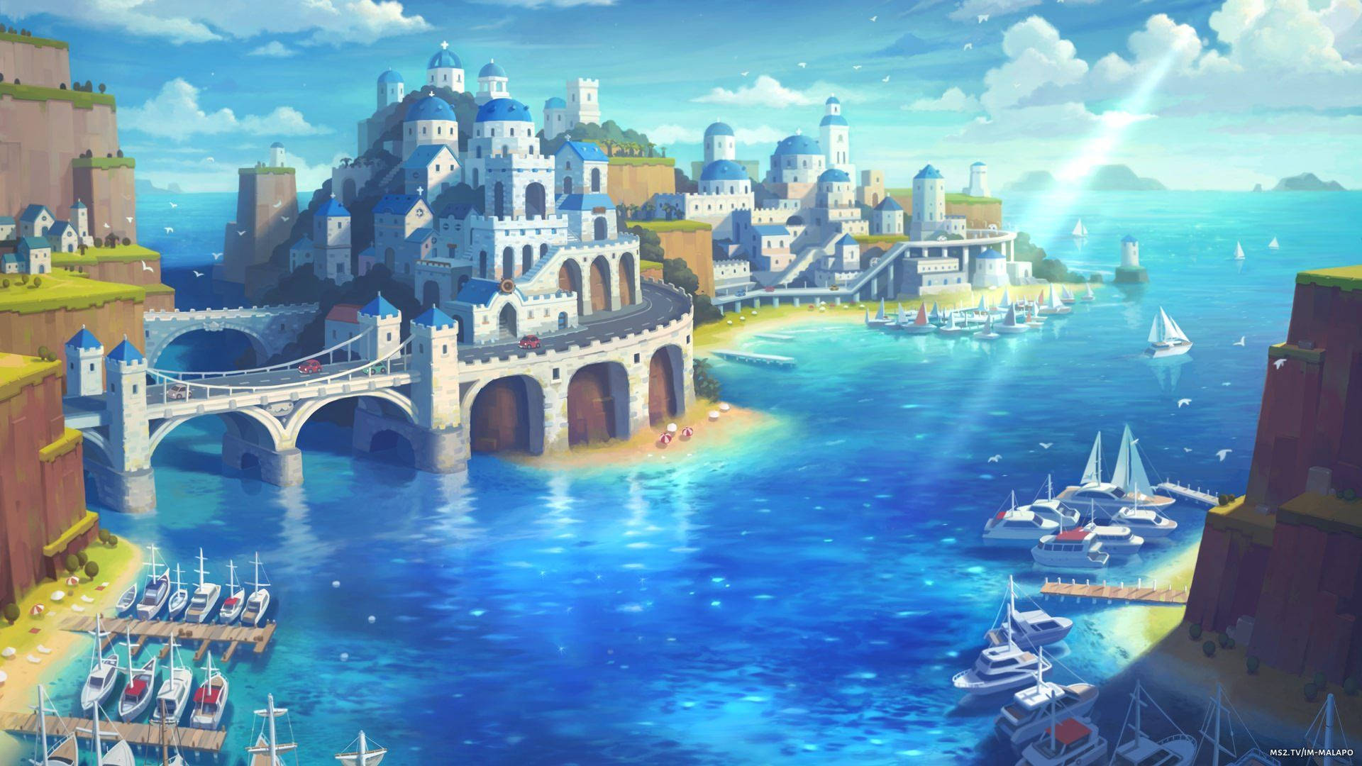 Maplestory 2 桌布 壁紙 — 一個充滿活力的動漫風格沿海小鎮，藍色屋頂的建築物坐落在懸崖上，俯瞰著閃閃發光的碧綠海水，海面上佈滿了帆船。