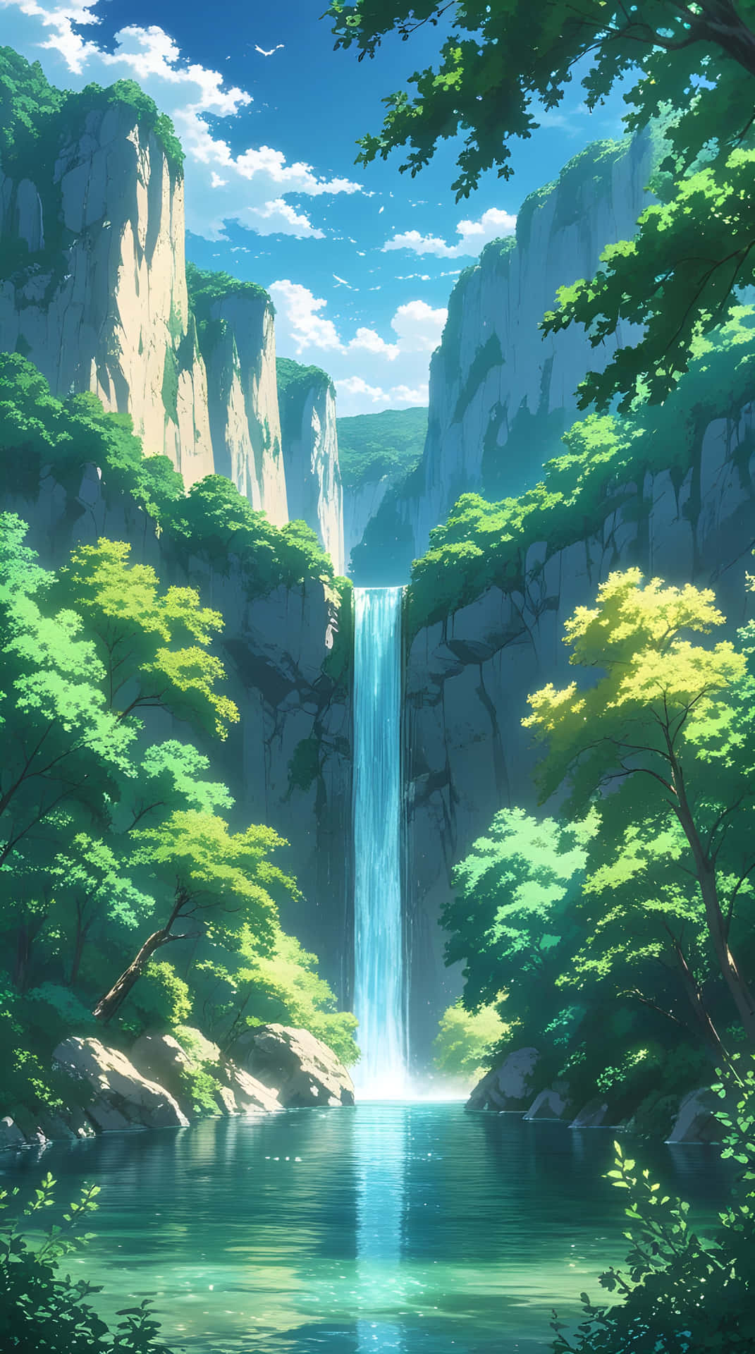 Beautiful view of mountain and waterfall 壁紙 — 一個充滿活力的動漫風格瀑布從岩石懸崖傾瀉而下，流入一個被茂密綠樹環繞的寧靜碧綠水池，上方是明亮的藍天。