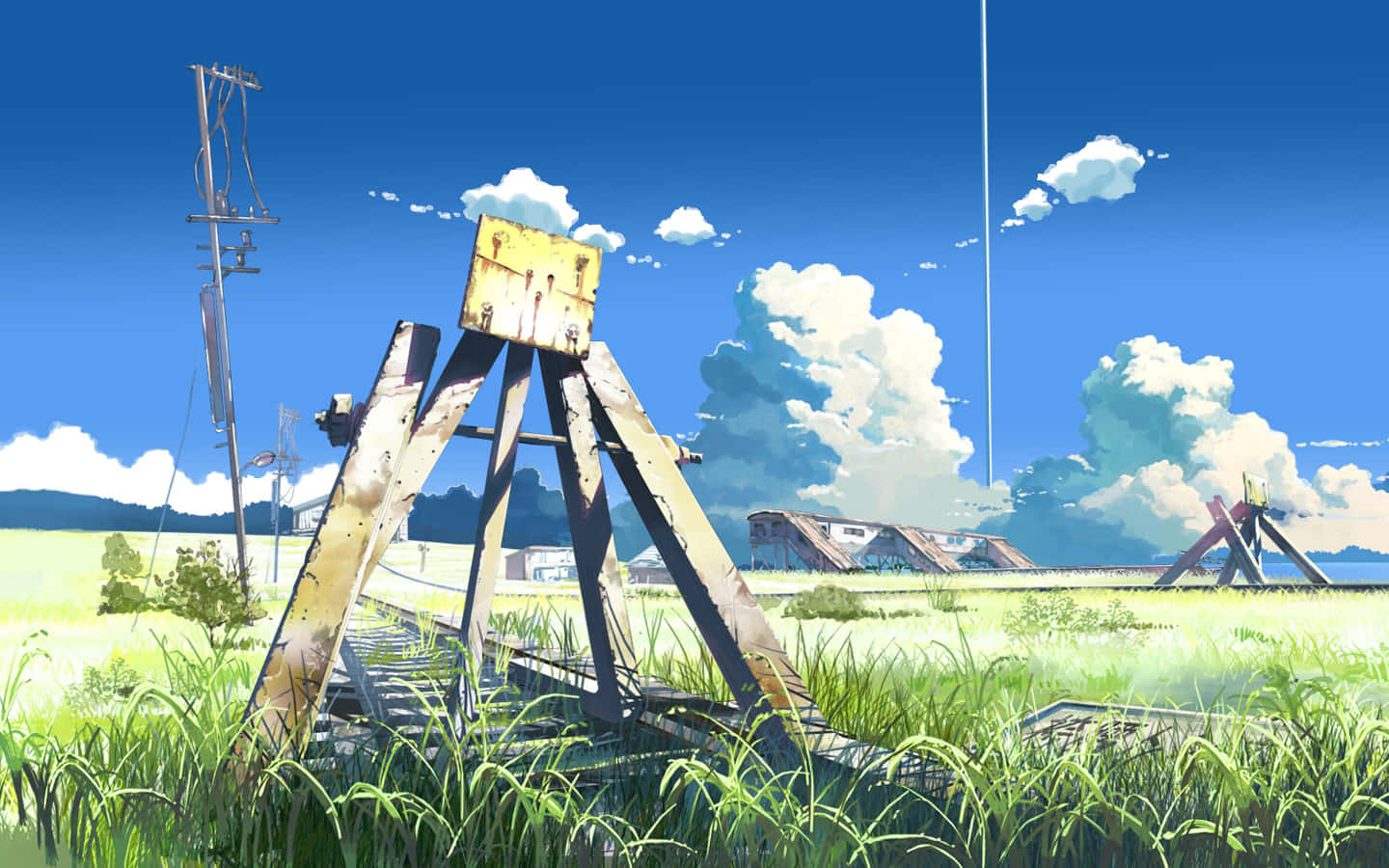 Animated 桌布 壁紙 — 一個充滿活力的動漫風格田野，長滿雜草和生鏽的鐵路設備，在明亮的藍天下有蓬鬆的雲朵。