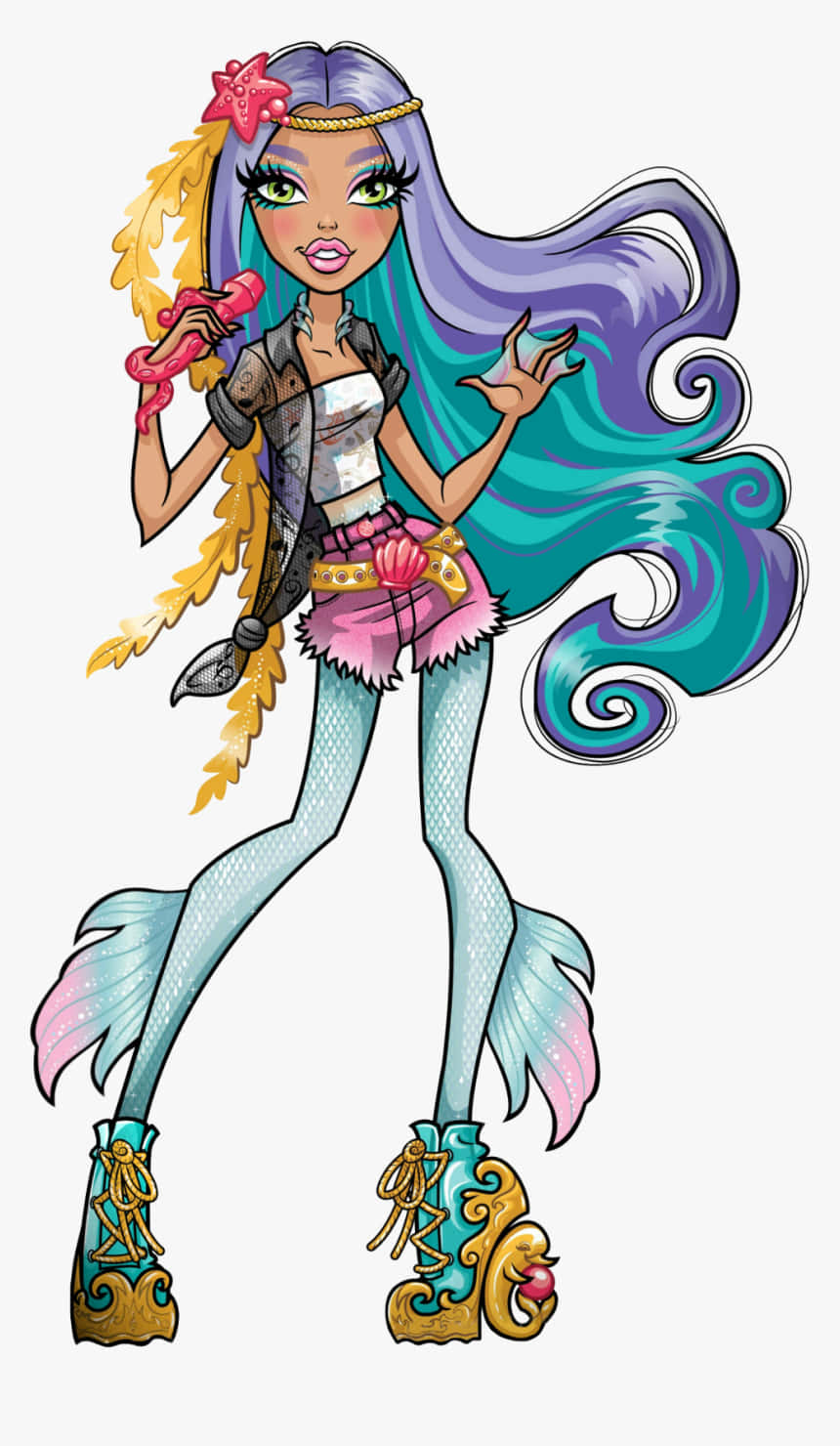 Monster High 桌布 壁紙 — 一個充滿活力的動漫風格美人魚女孩，擁有紫色和藍綠色頭髮，拿著粉紅色手機擺姿勢。