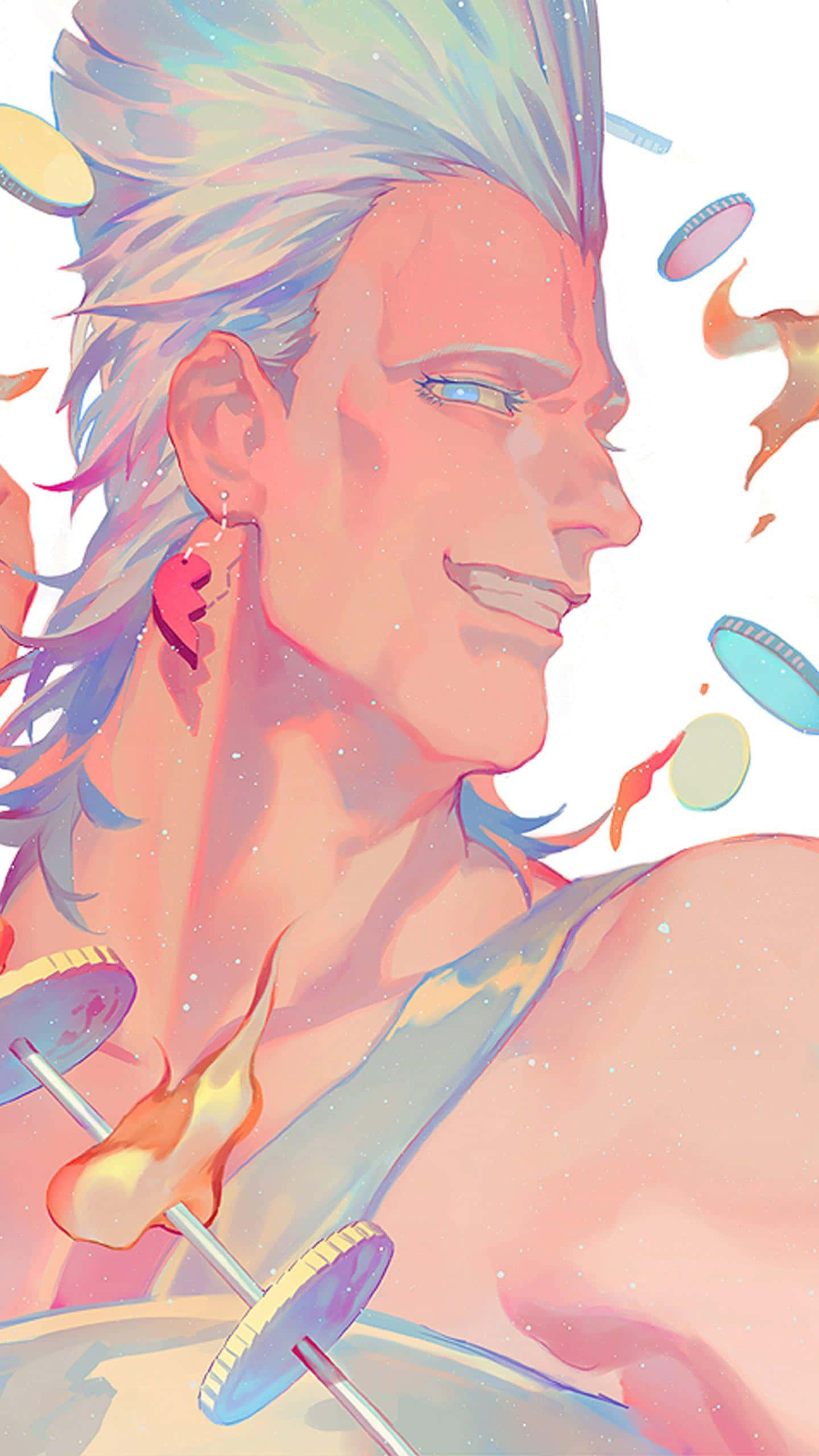 Jean Pierre Polnareff 桌布 壁紙 — 一個充滿活力的動漫風格肖像，描繪一位微笑的男子，擁有尖刺狀的多色頭髮，周圍漂浮著瓶蓋。