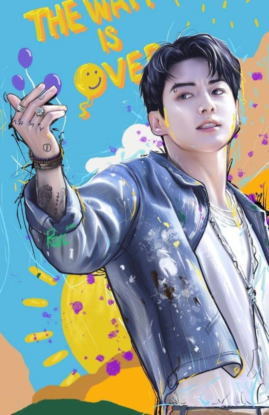 BTS 卡通 桌布 壁紙 — 一個充滿活力的動漫風格肖像，描繪一位帶有刺青和戒指的年輕男子，背景是色彩繽紛的抽象圖案，配有氣球和文字。