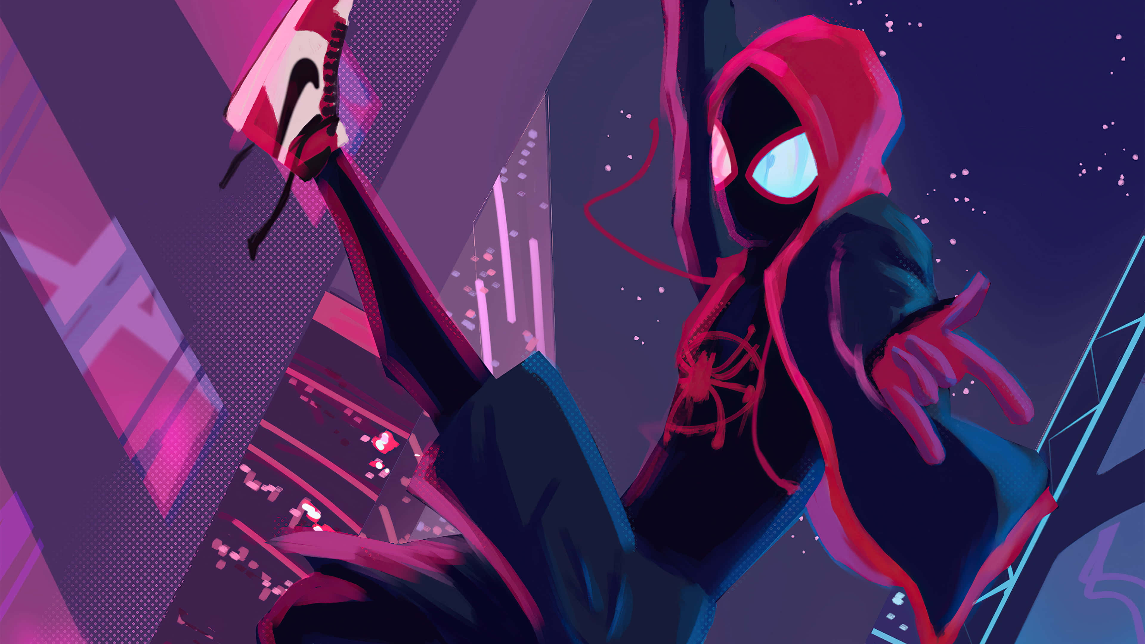 Spider-man Web Slinging 桌布 壁紙 — 一個充滿活力的動漫風格蜘蛛人，戴著紅色連帽衫，在夜晚霓虹燈閃爍的城市景觀中動態擺盪。