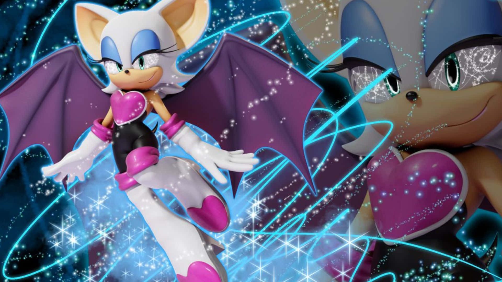 Rouge The Bat 桌布 壁紙 — 一個充滿活力的動漫風格蝙蝠角色，擁有紫色翅膀和粉紅色點綴，在閃爍的藍色宇宙背景中發光。