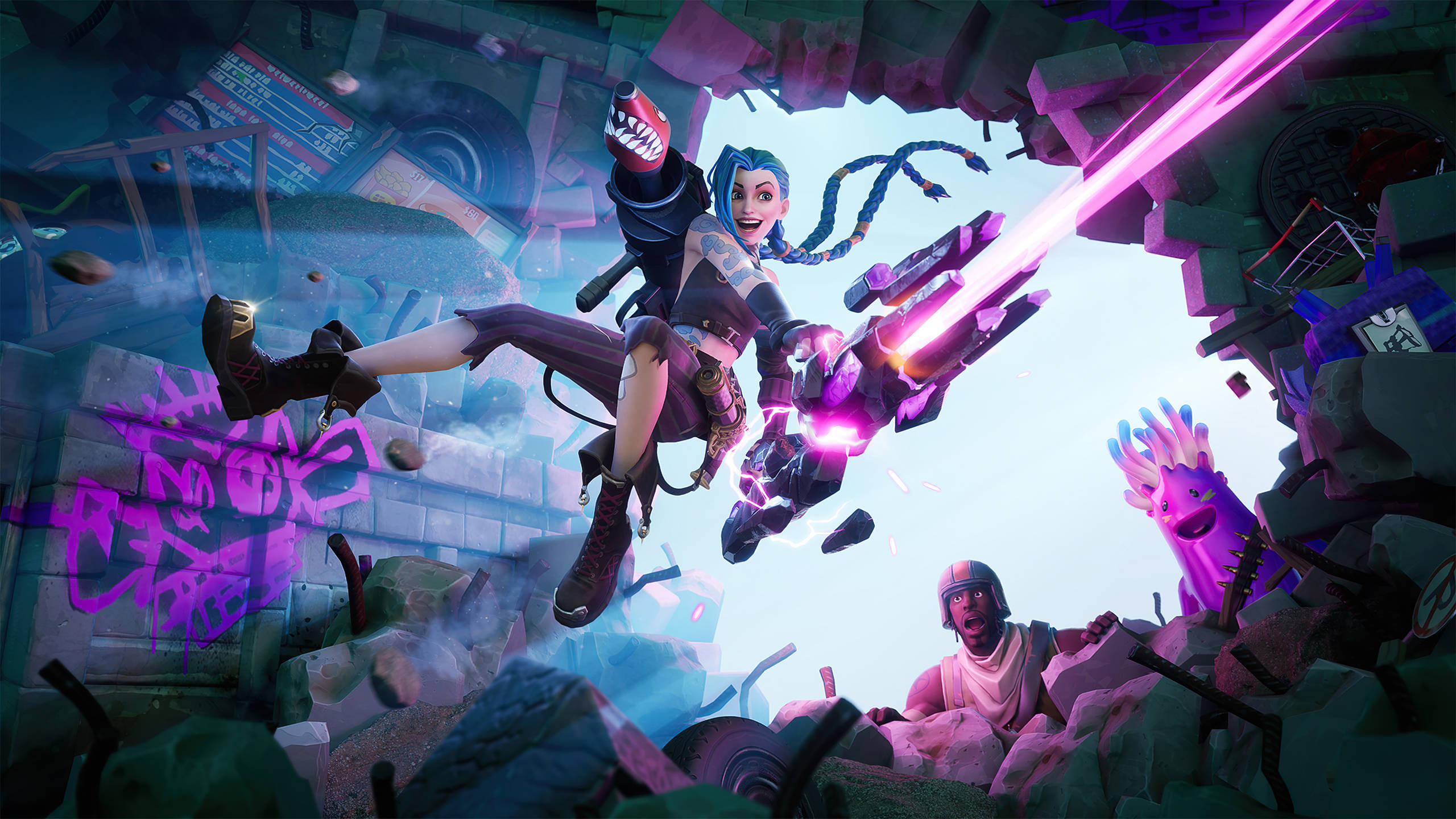 Fortnite Skins 桌布 壁紙 — 一個充滿活力的動漫風格角色，在塗鴉和碎片中揮舞著發光的紫色武器，穿越破碎的城市廢墟。