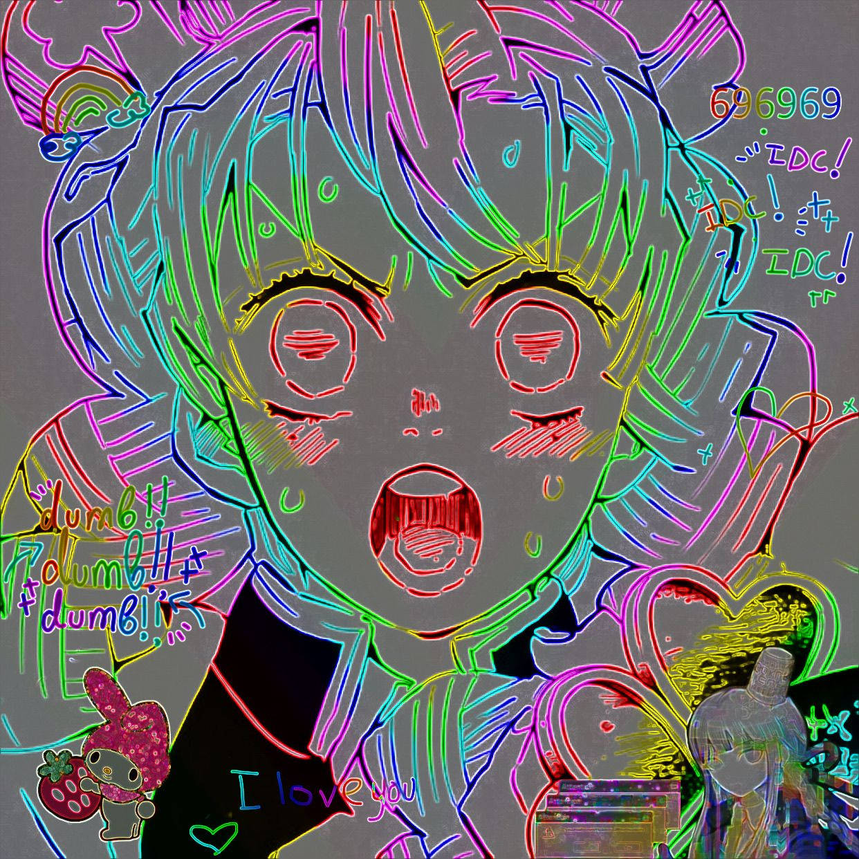 動漫女孩 桌布 壁紙 — 一個充滿活力的動漫風格角色，帶有霓虹輪廓和混亂的文字元素，背景為灰色。