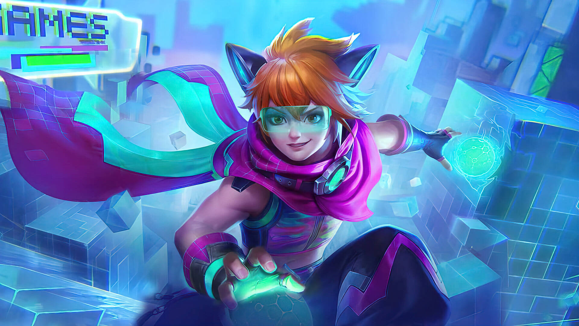 heroes 桌布 壁紙 — 一個充滿活力的動漫風格角色，擁有狐狸耳朵和發光的綠色球體，在未來感的霓虹城市景觀中操控能量。