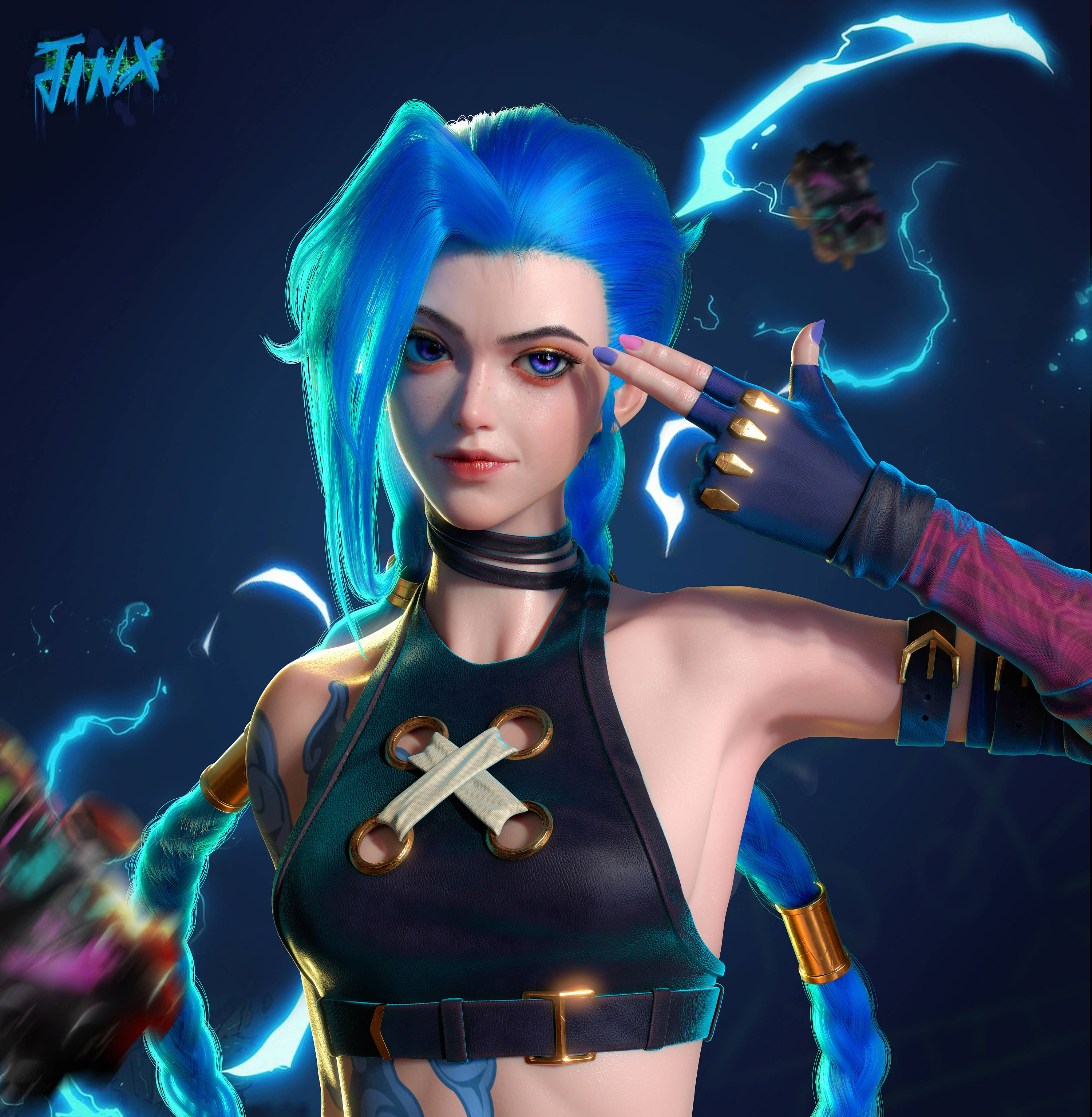 3d League Of Legends 桌布 壁紙 — 一個充滿活力的動漫風格角色，擁有電光藍色頭髮和發光的閃電效果，在深色背景前自信地擺姿勢。