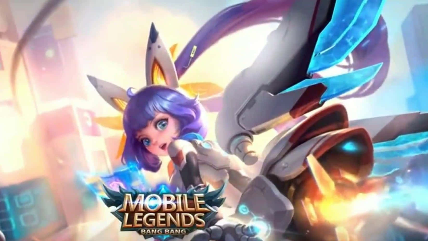 Mobile Legends 動態圖 桌布 壁紙 — 一個充滿活力的動漫風格角色，擁有紫色頭髮和狐狸耳朵，在未來城市背景下揮舞著發光的武器。