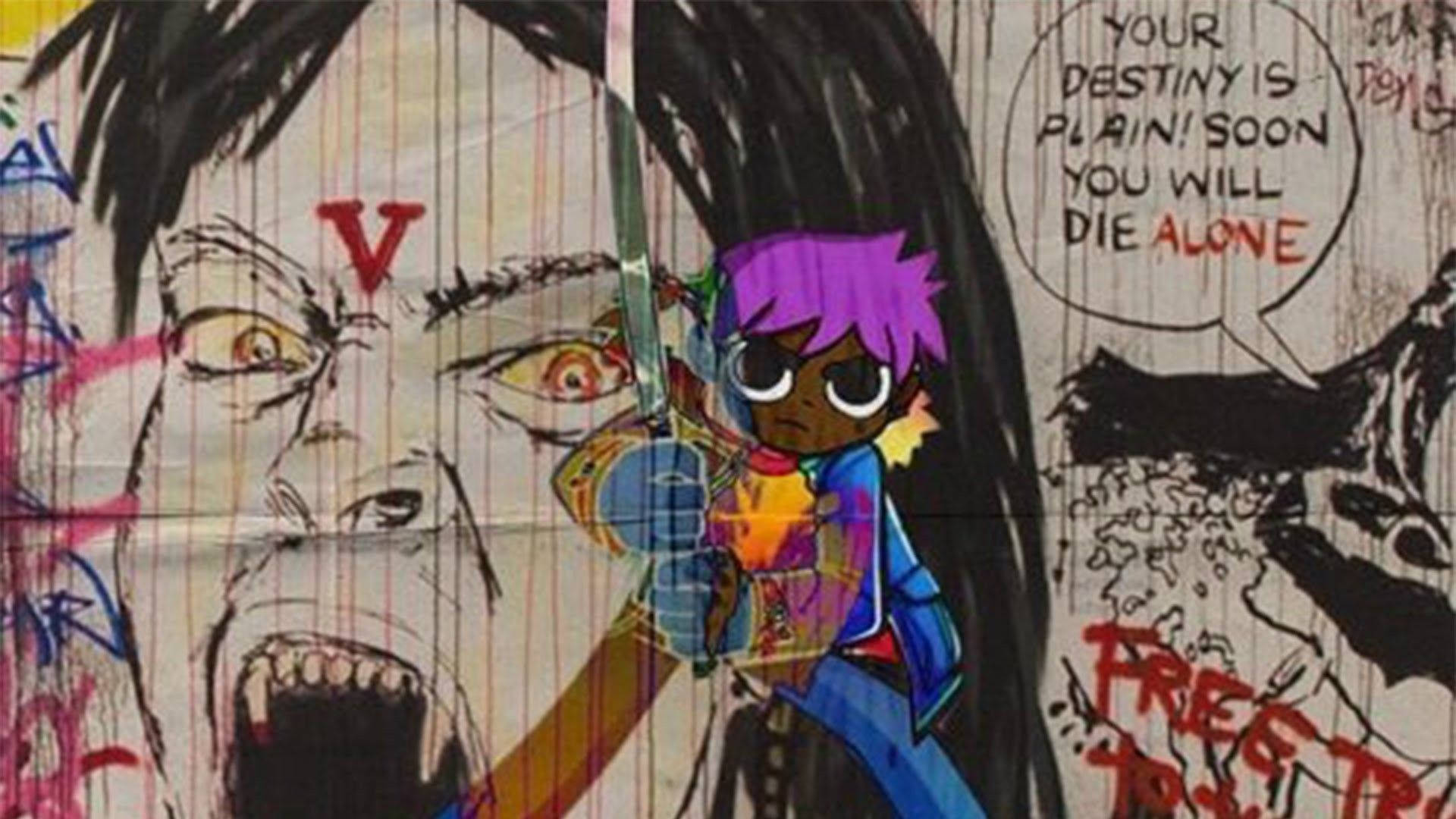 Vlone 桌布 壁紙 — 一個充滿活力的動漫風格角色，紫色頭髮，挑釁地站在一面佈滿塗鴉的牆前，牆上有一個尖叫的臉孔和令人不安的文字。