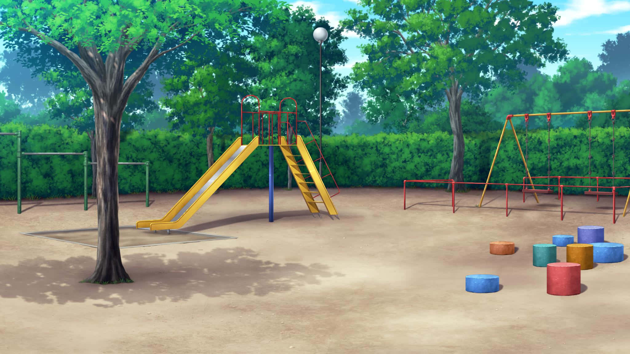 Playground 桌布 壁紙 — 一個充滿活力的動漫風格遊樂場，設有黃色溜滑梯、鞦韆和色彩繽紛的圓柱，在明亮的藍天下。