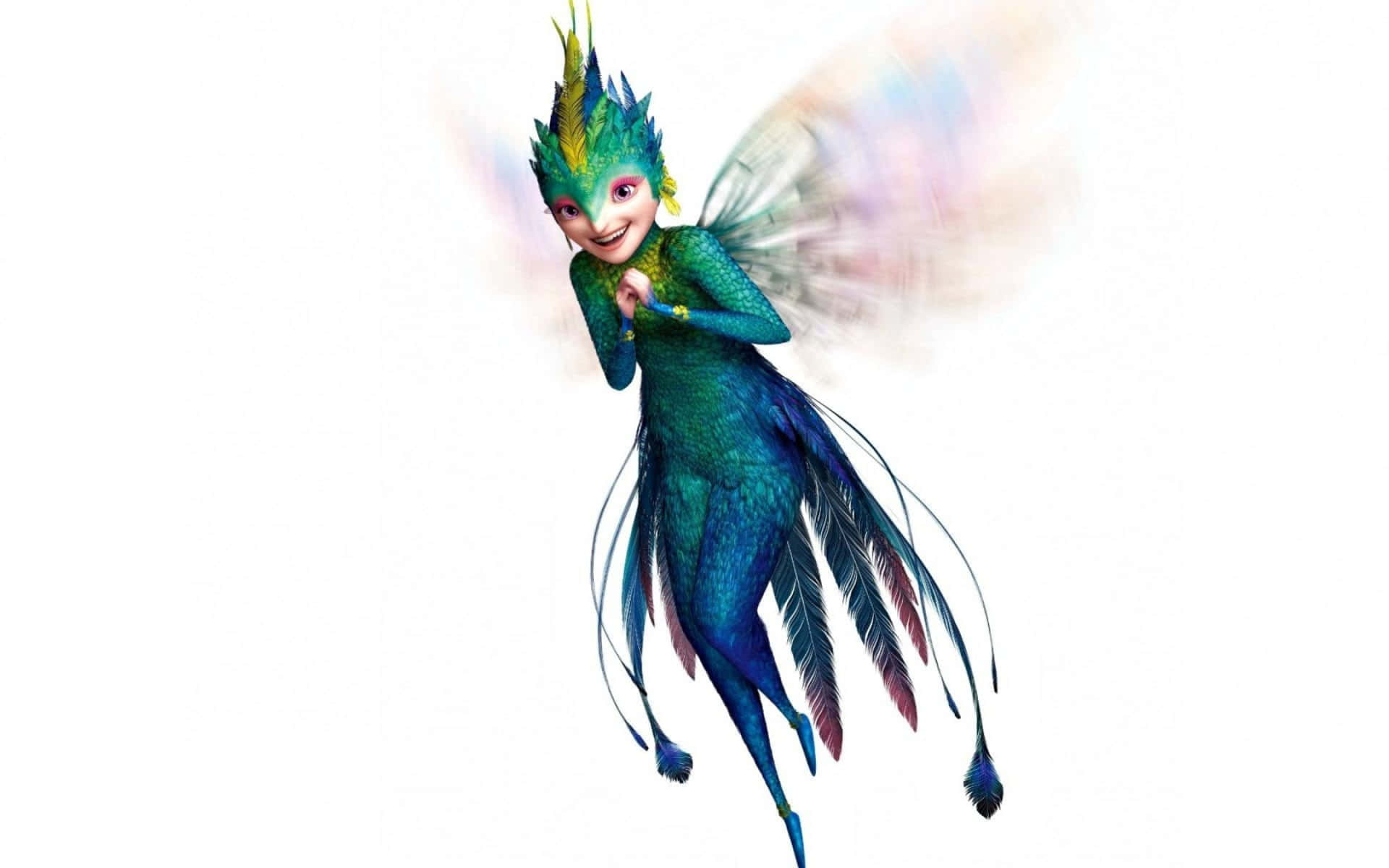 Tooth Fairy 桌布 壁紙 — 一個充滿活力的動畫仙女，帶有彩虹色的綠藍色羽毛和彩虹翅膀，在純白色背景上微笑盤旋。