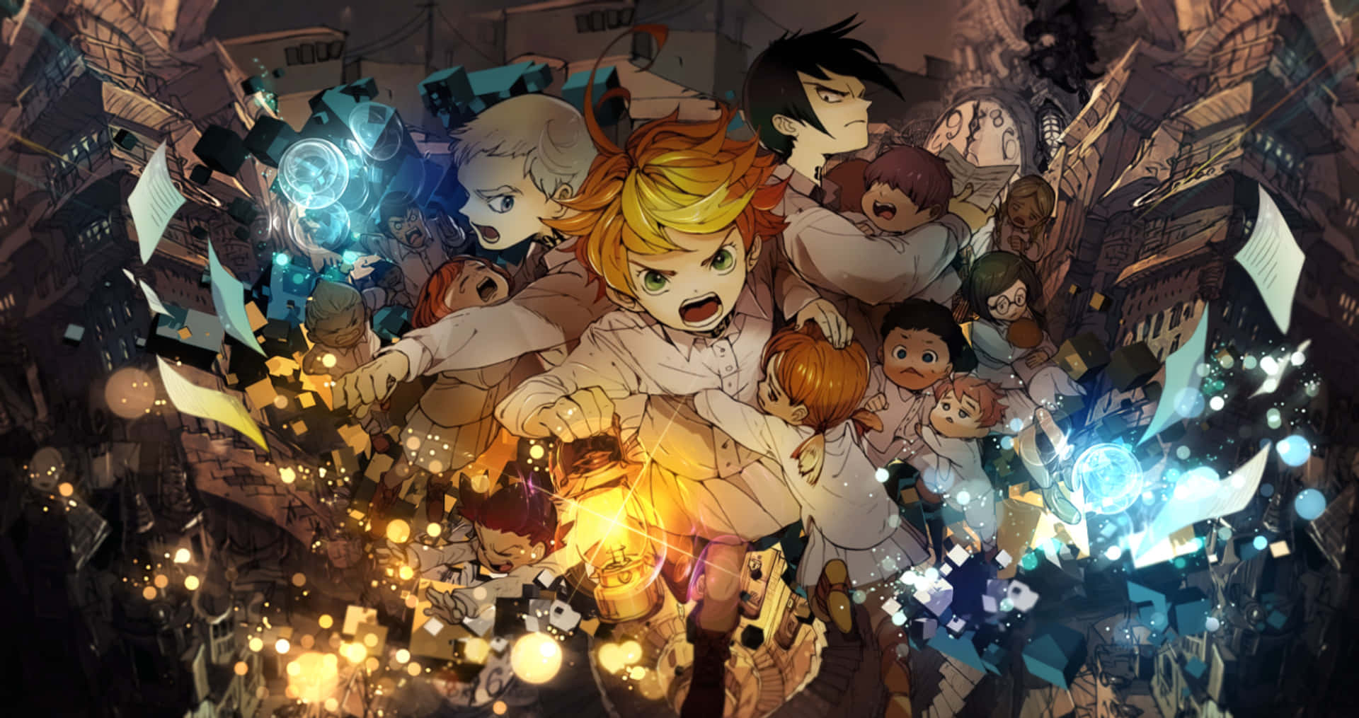 Thriller Anime 桌布 壁紙 — 一個充滿活力的動畫兒童團體，擁有發光能力和漂浮的紙張，背景是崩塌的城市景觀。