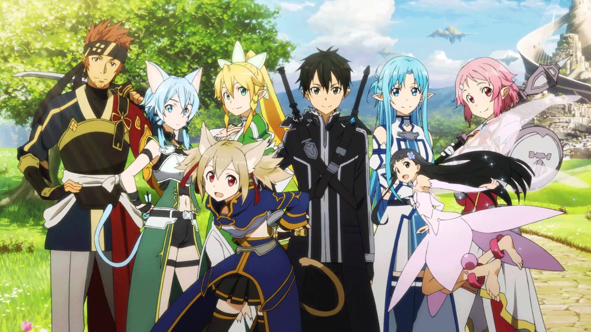 Kirito 桌布 壁紙 — 一個充滿活力的動畫劍士冒險者團體，站在陽光明媚的幻想草地上，遠處有浮島。