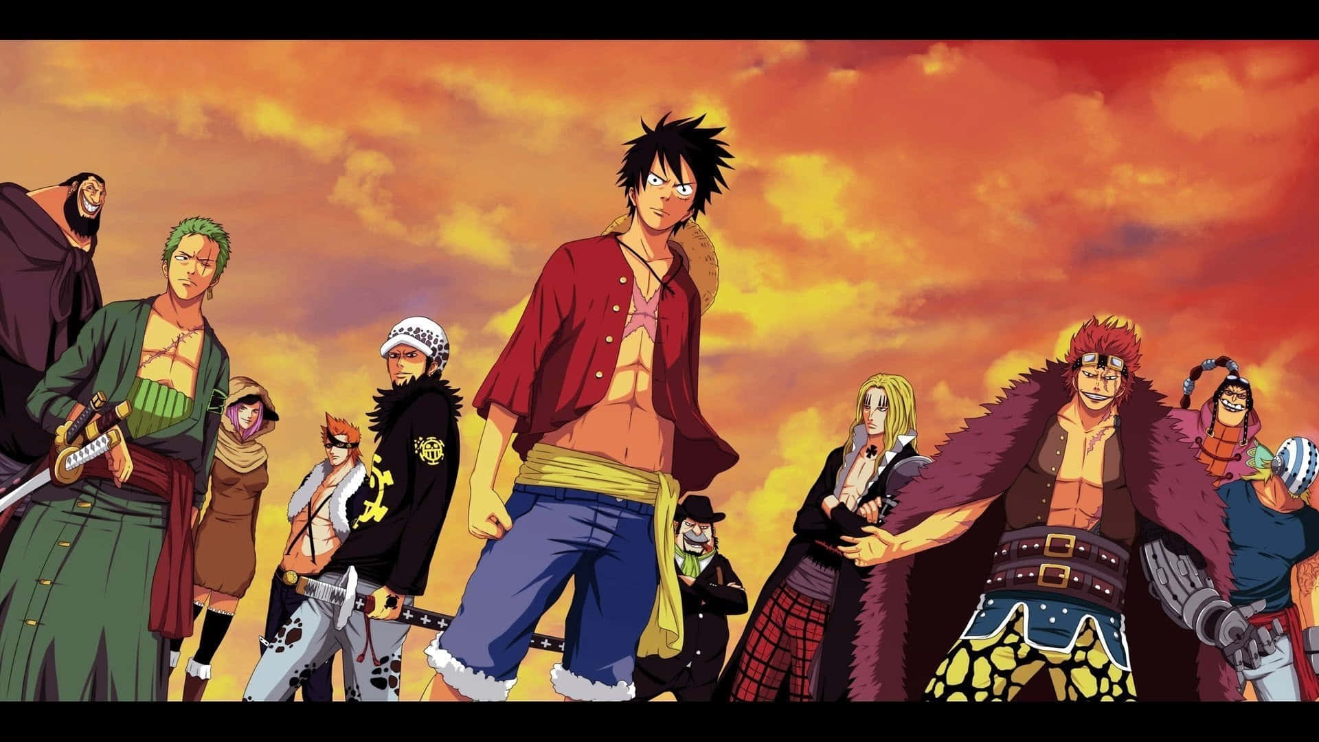 Dressrosa 桌布 壁紙 — 一個充滿活力的動畫團隊英勇地站在火紅的日落天空前，伴隨著大膽的橙色和黃色雲彩。